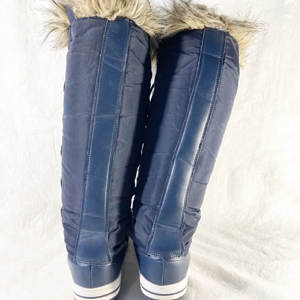 Polar Navy Nylon Tall Fur Lace Waterproof Snow Rainy Boots Sz 8